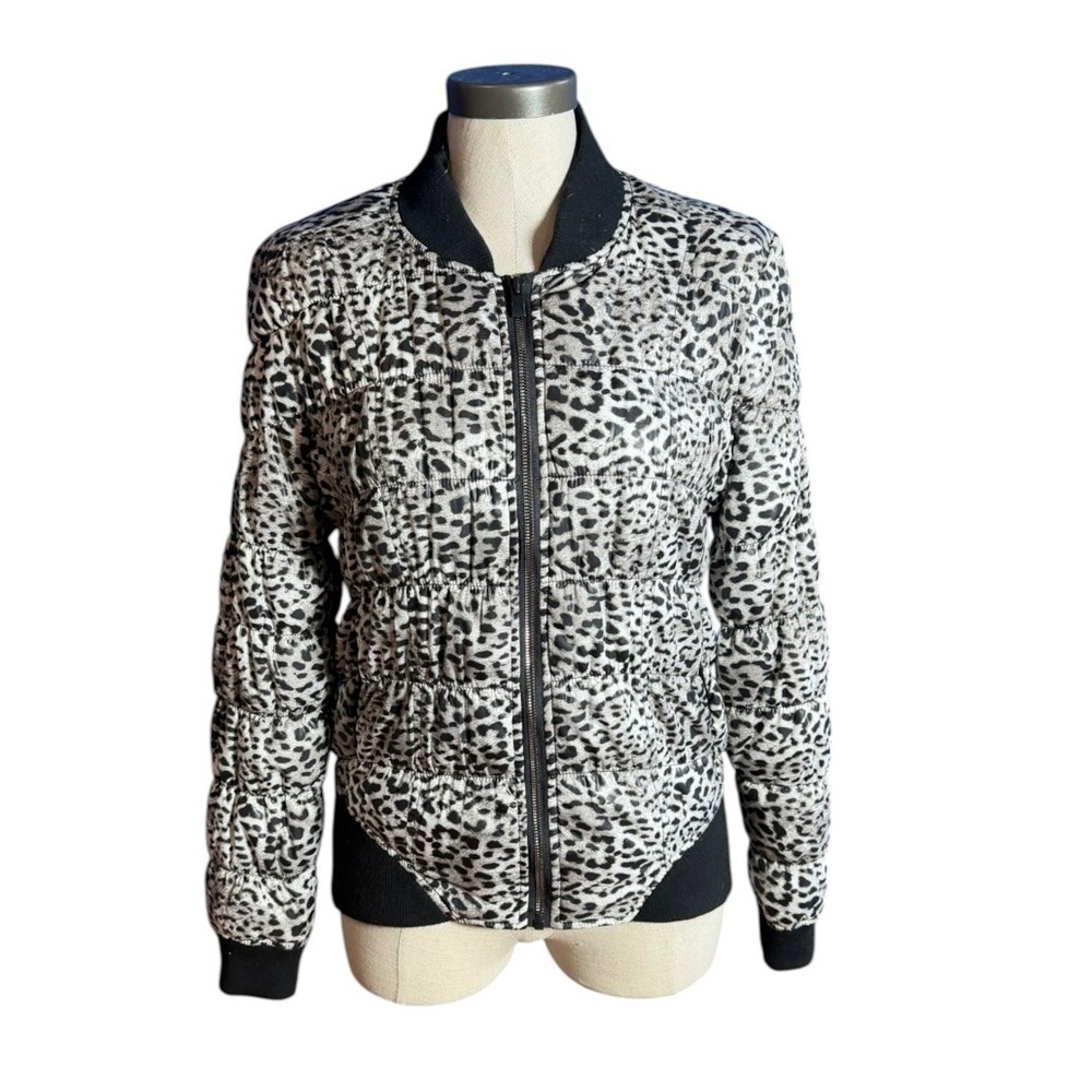 Betsey Johnson Performance Leopard Print Puffer Bomber Jacket Grey Black Medium
